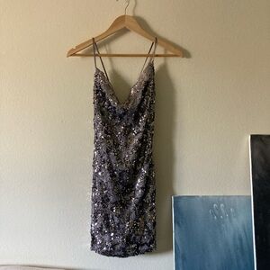 Silver Sequin Crisscross Cowl Neck Mini Dress